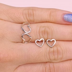 Conjunto Anillo dos Corazones calados y Aros Corazon de Plata 925